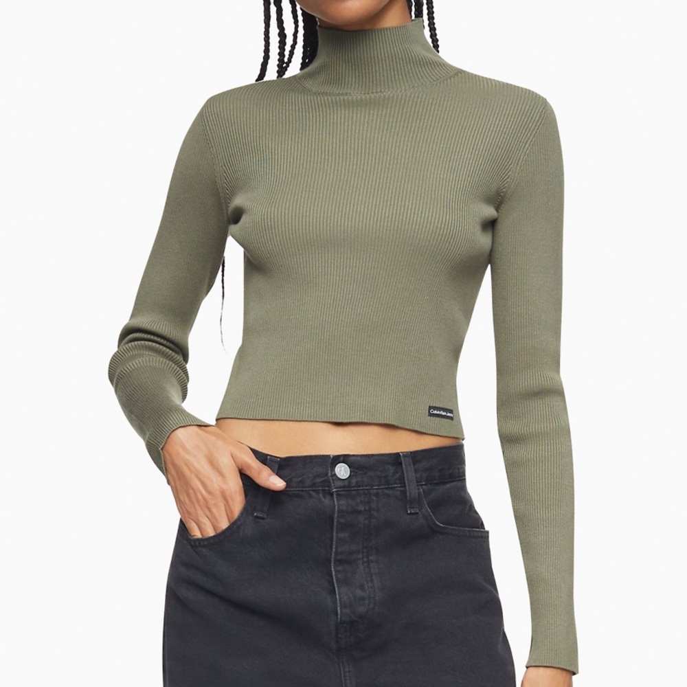 NWT Cropped Ribbed Knit Top From Calvin Klein Green Thin Knit Long Sleeve Crop